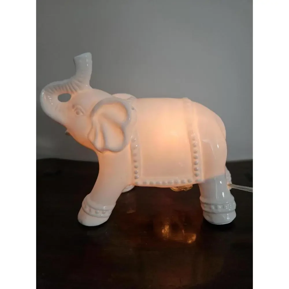 Elephant Night Light White Ceramic Nursery Lamp Boho Kids Room Decor